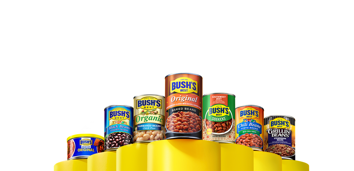 Different cans of bean products on yellow pedestals 