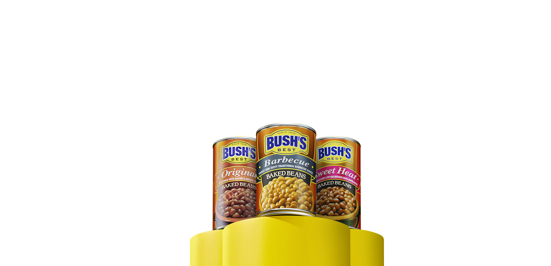 Cans of Bush’s Best Original Baked Beans, Barbecue Baked Beans and Sweet Heat Baked Beans sitting on three yellow columns