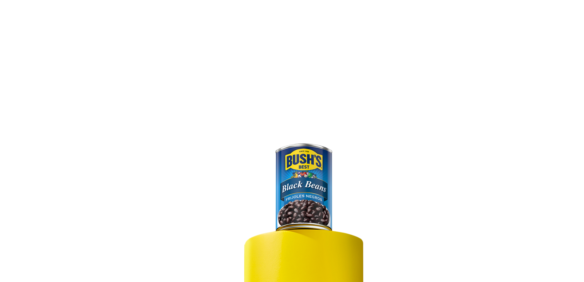 Can of black beans on yellow pedestal