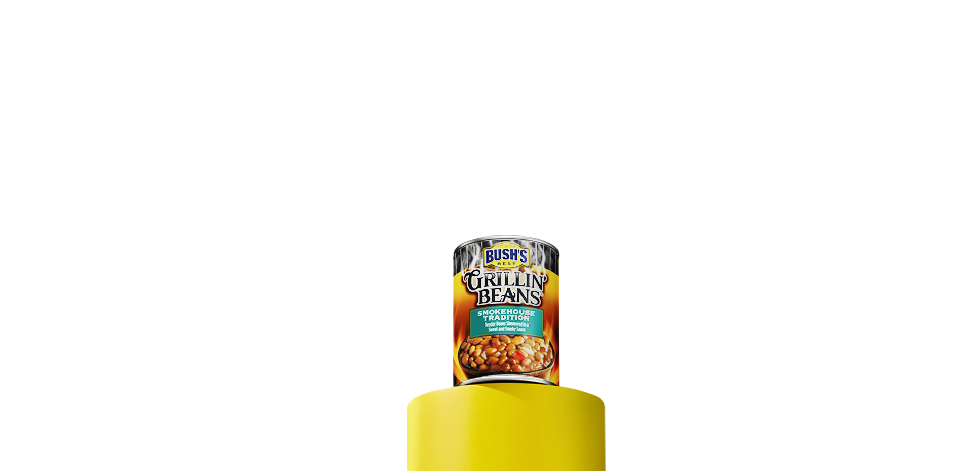 A can of Bush’s Best Grillin' Beans sitting on a yellow column