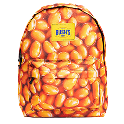 Backpack covered in a baked beans pattern.