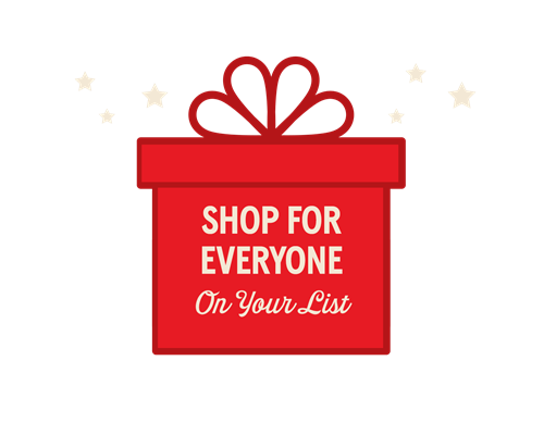 Red present that says "shop for everyone on your list".